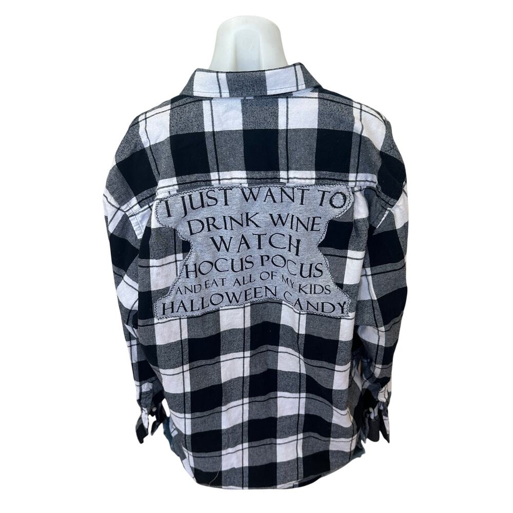 Hocus Pocus Plaid Flannel Shirt XL Halloween Candy Wine Upcycled Unique Funny